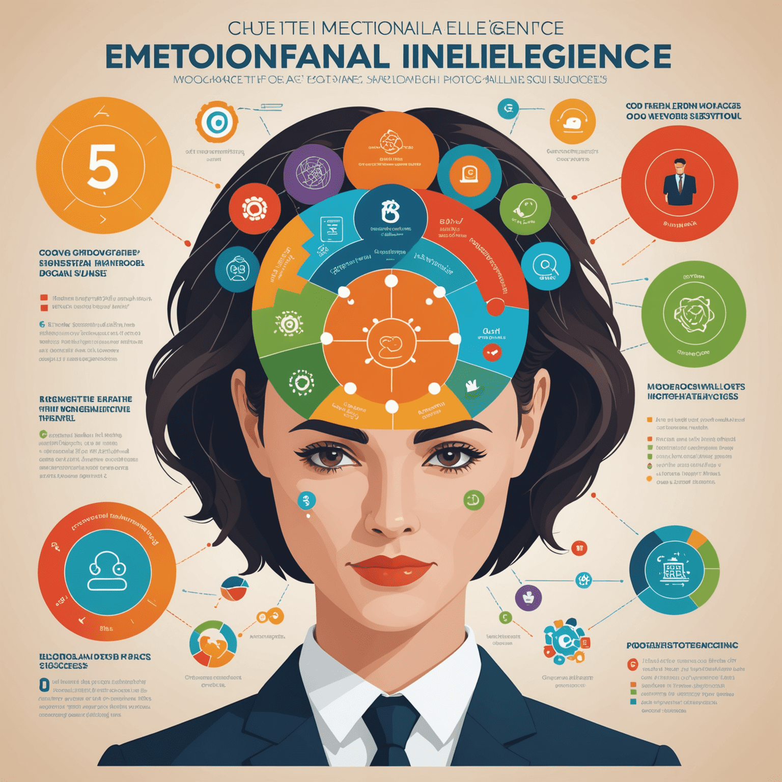 Infografika przedstawiająca pięć kluczowych elementów inteligencji emocjonalnej i ich wpływ na sukces zawodowy